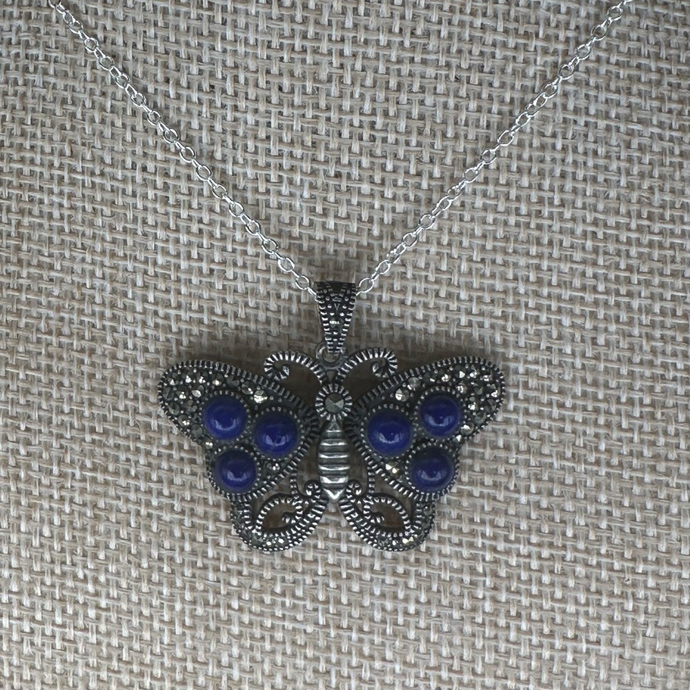 Sterling Silver and Lapis Lazuli Butterfly Pendant on Silver Box Chain